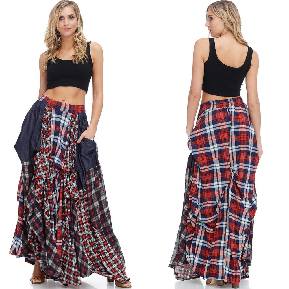 TOV HOLY The Damsel's Red Plaid Flowing Maxi Skirt